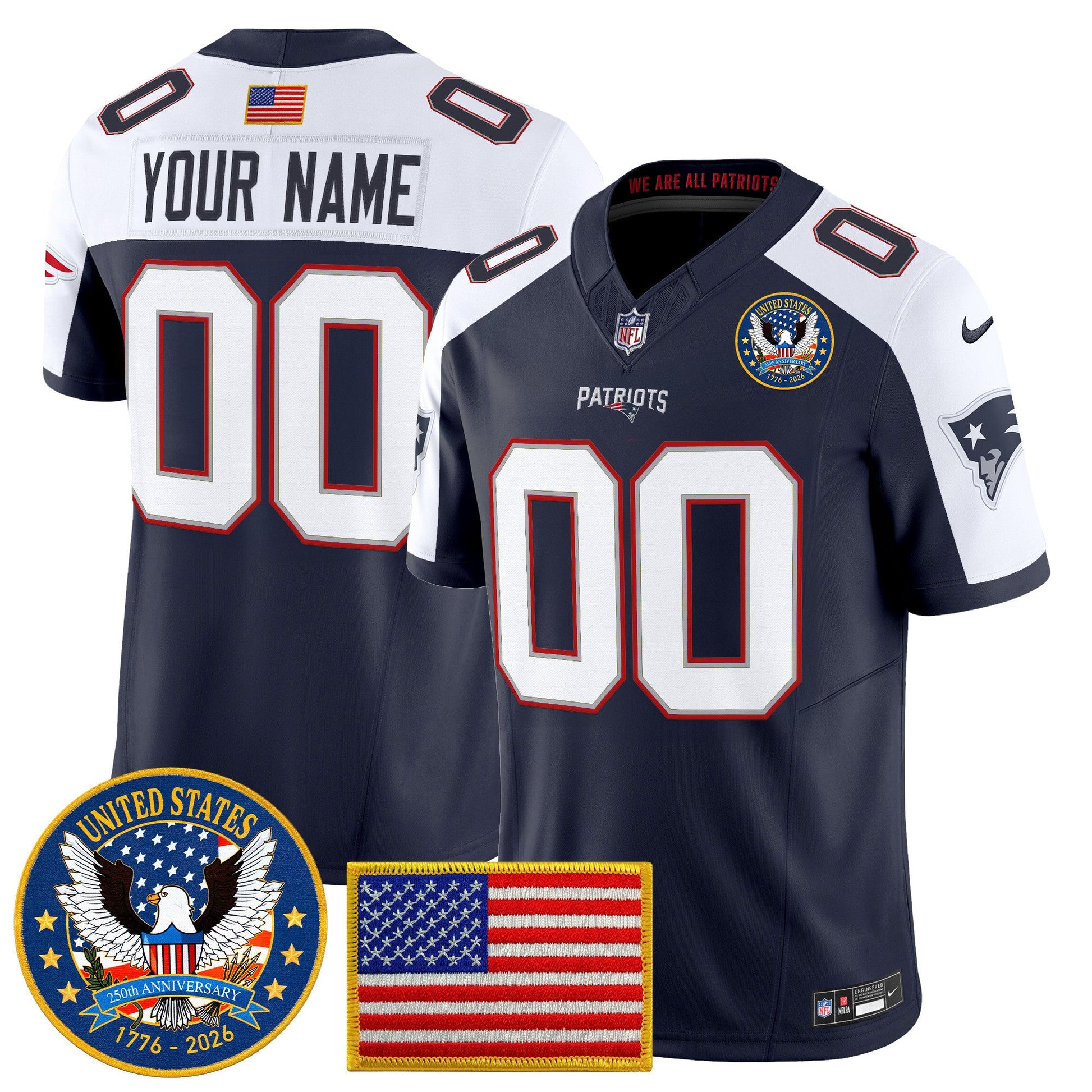 New England Patriots "United States 250th Anniversary Patch" Vapor Limited Custom Jersey - All Stitched