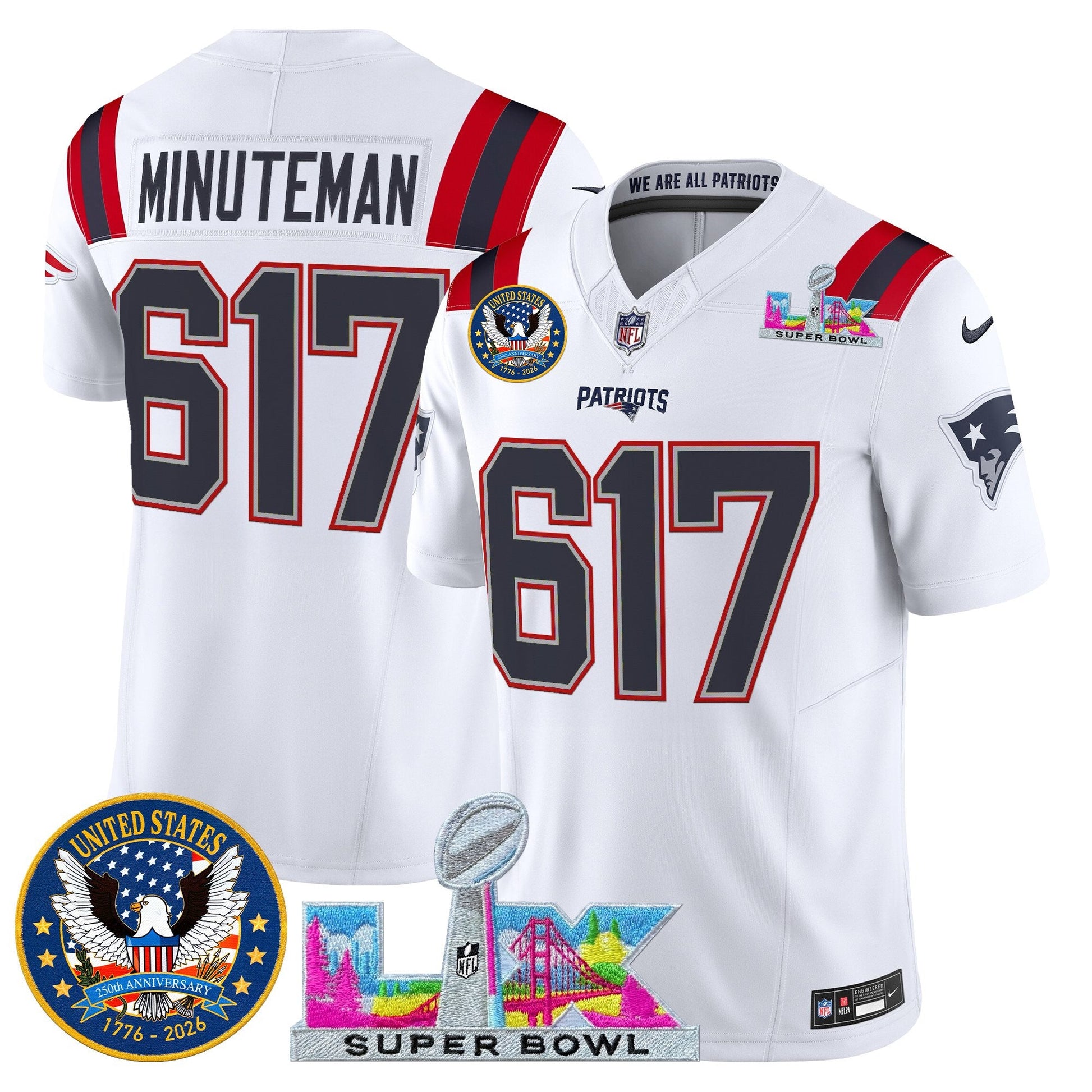 Men's New England Patriots "Super Bowl LX & United States 250th Patch" Vapor Limited Jersey - All Stitched