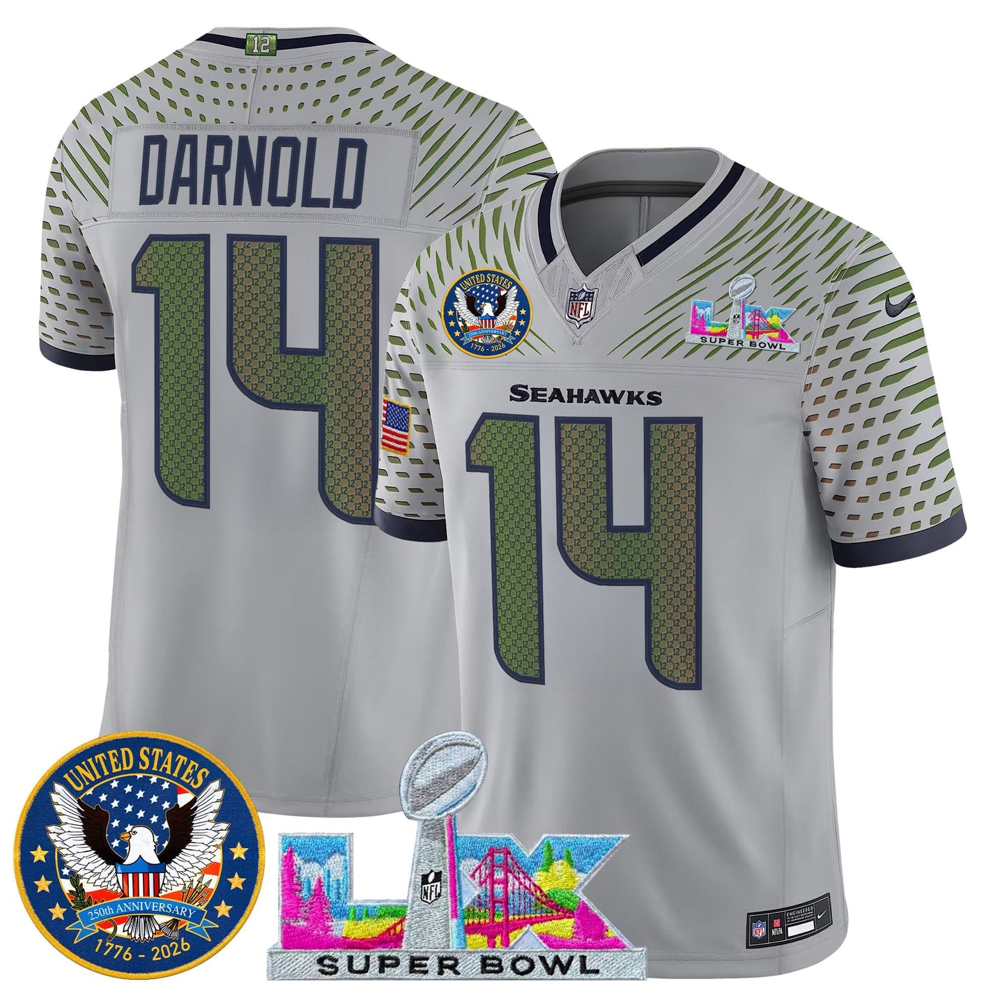 Men's Seattle Seahawks "Super Bowl LX & United States 250th Patch" Vapor Limited Jersey - All Stitched