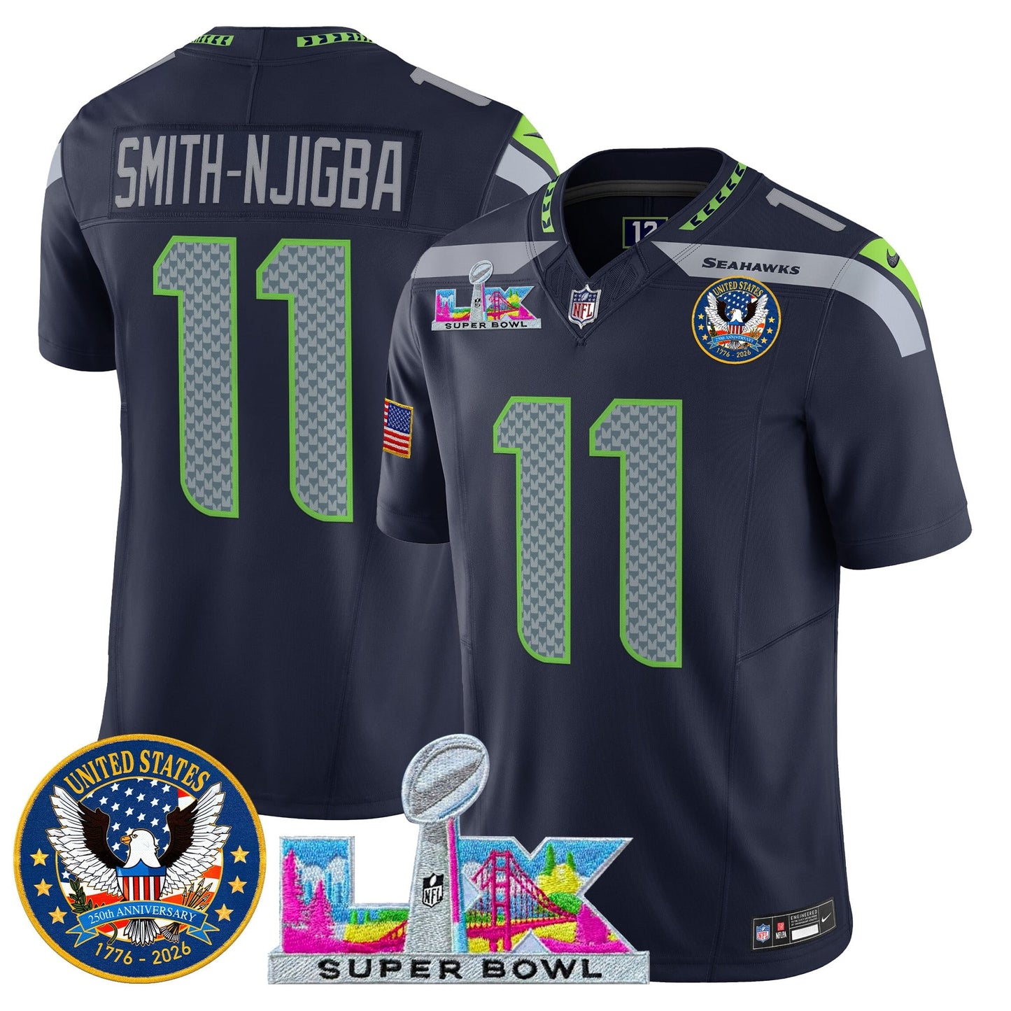 Men's Seattle Seahawks "Super Bowl LX & United States 250th Patch" Vapor Limited Jersey - All Stitched