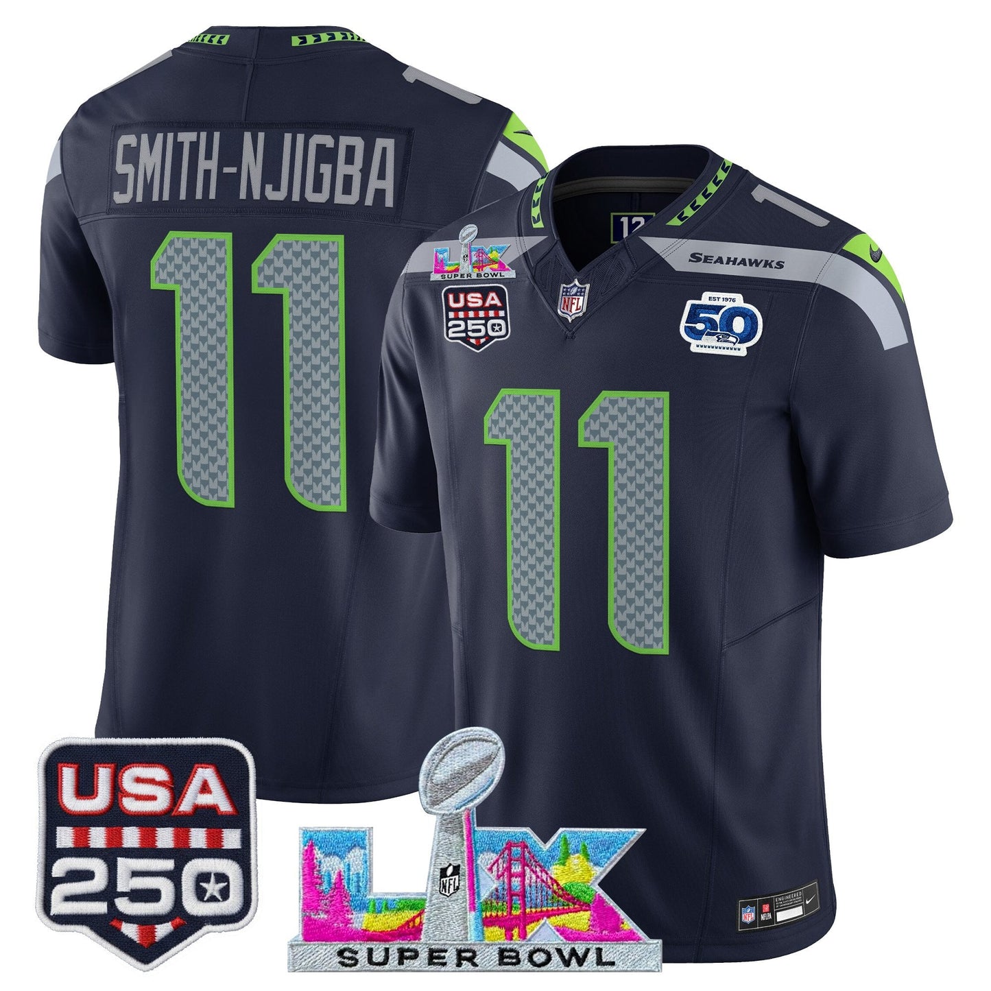 Men's Seattle Seahawks "Super Bowl LX & United States 250th Anniversary Patch" Vapor Limited Jersey - All Stitched