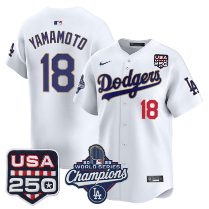 Men's Dodgers 2025 World Series Champions & 250America Patch Vapor Premier Limited Jersey - All Stitched