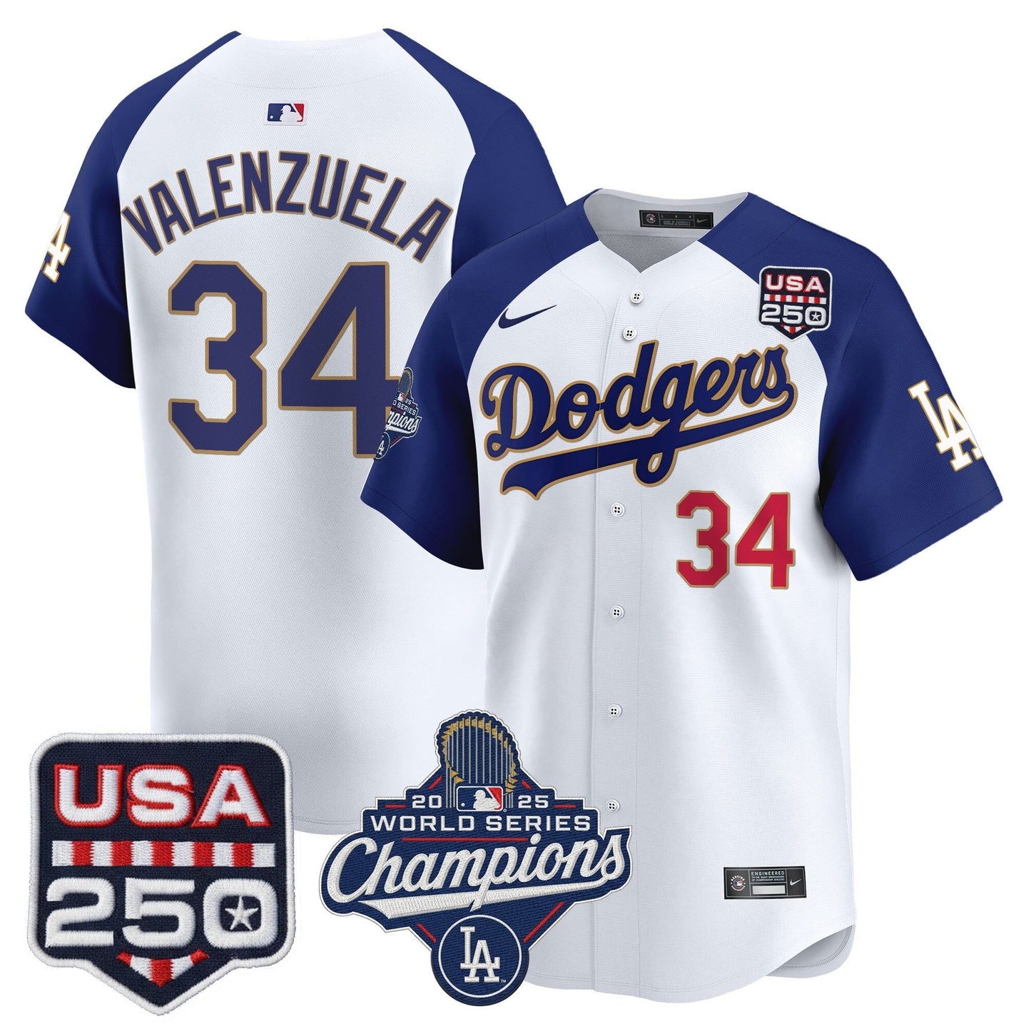 Men's Dodgers 2025 World Series Champions & 250America Patch Vapor Premier Limited Jersey - All Stitched