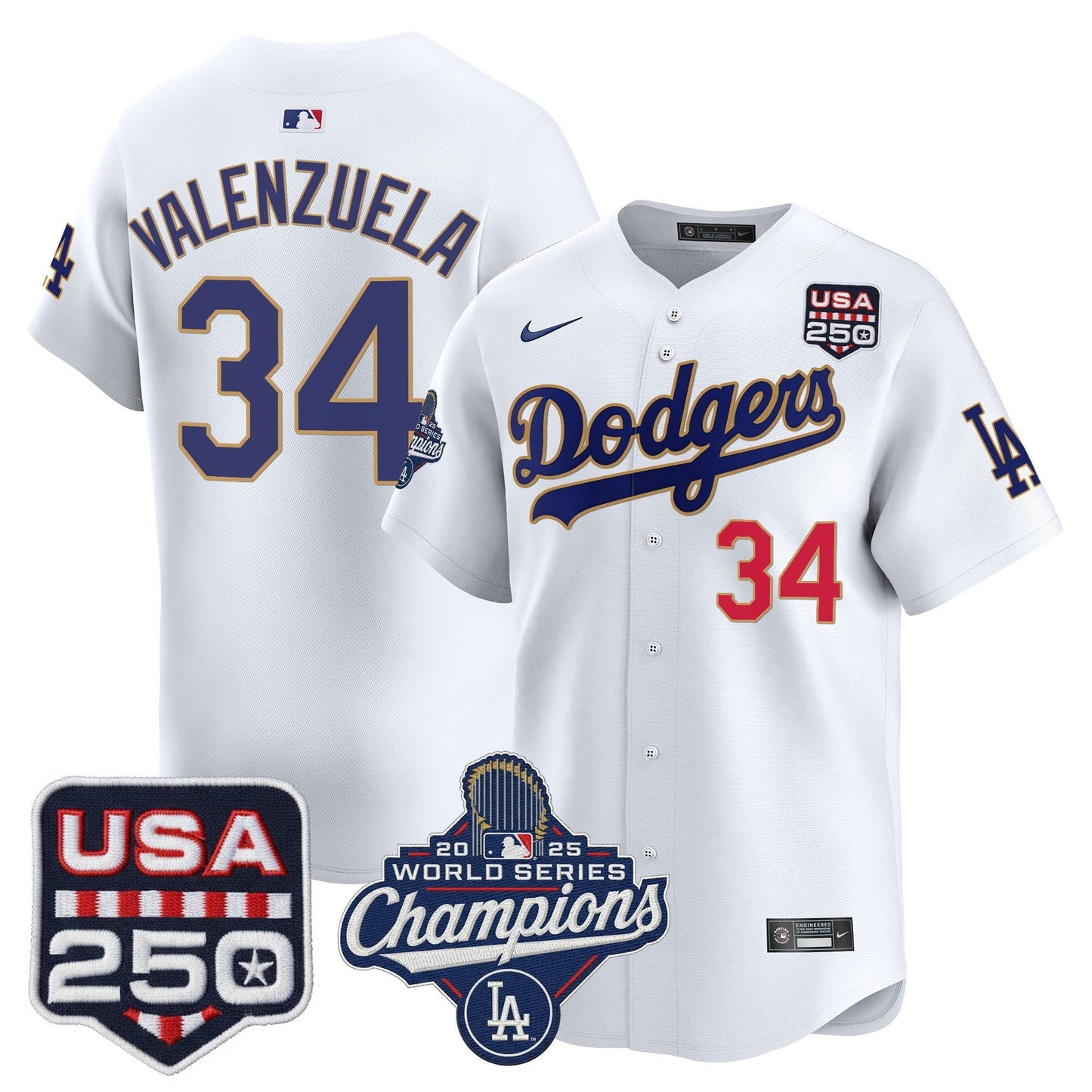 Men's Dodgers 2025 World Series Champions & 250America Patch Vapor Premier Limited Jersey - All Stitched