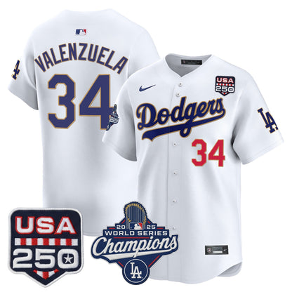 Men's Dodgers 2025 World Series Champions & 250America Patch Vapor Premier Limited Jersey - All Stitched