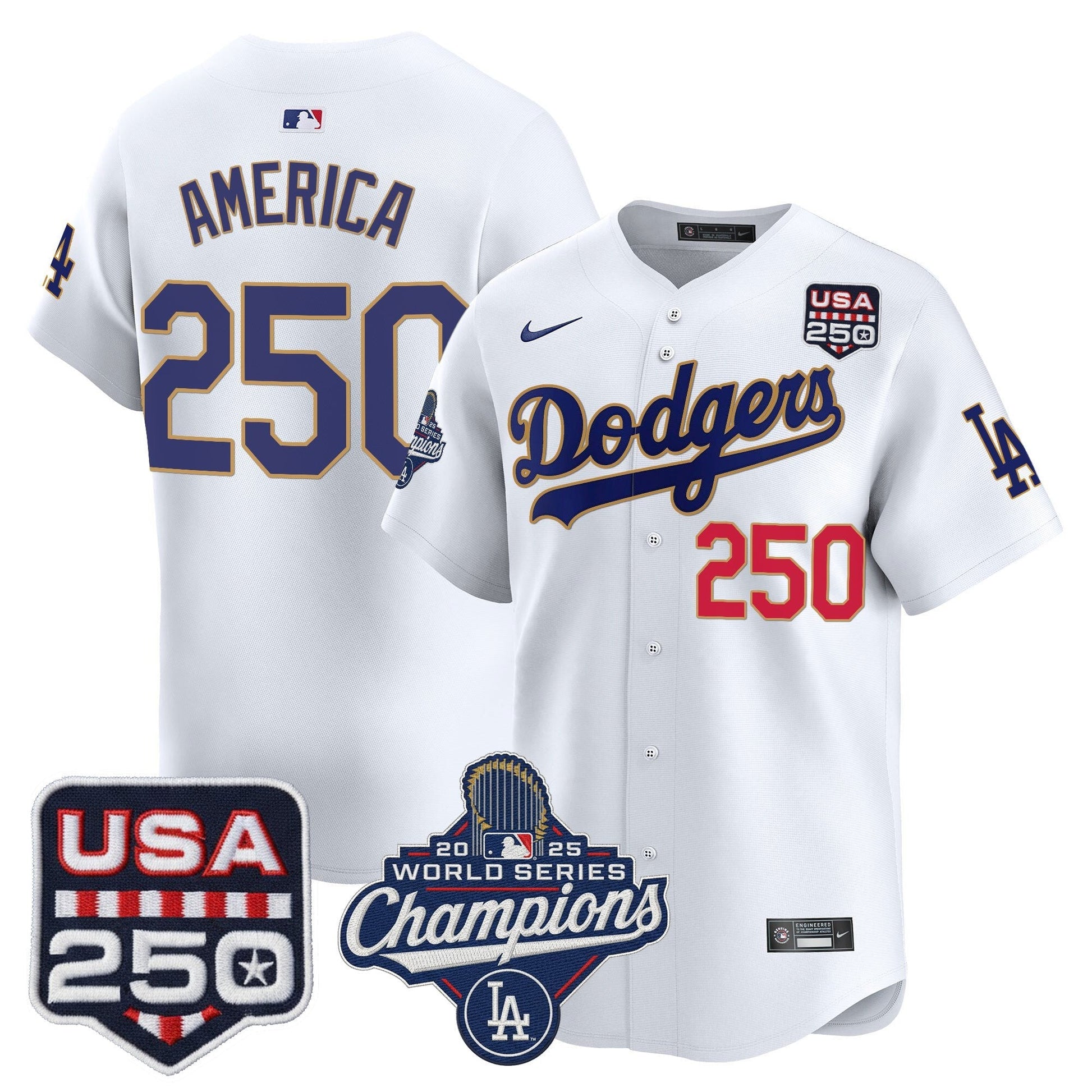 Men's Dodgers 2025 World Series Champions & 250America Patch Vapor Premier Limited Jersey - All Stitched