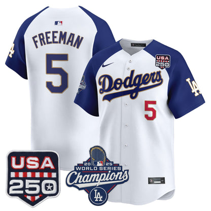 Men's Dodgers 2025 World Series Champions & 250America Patch Vapor Premier Limited Jersey - All Stitched