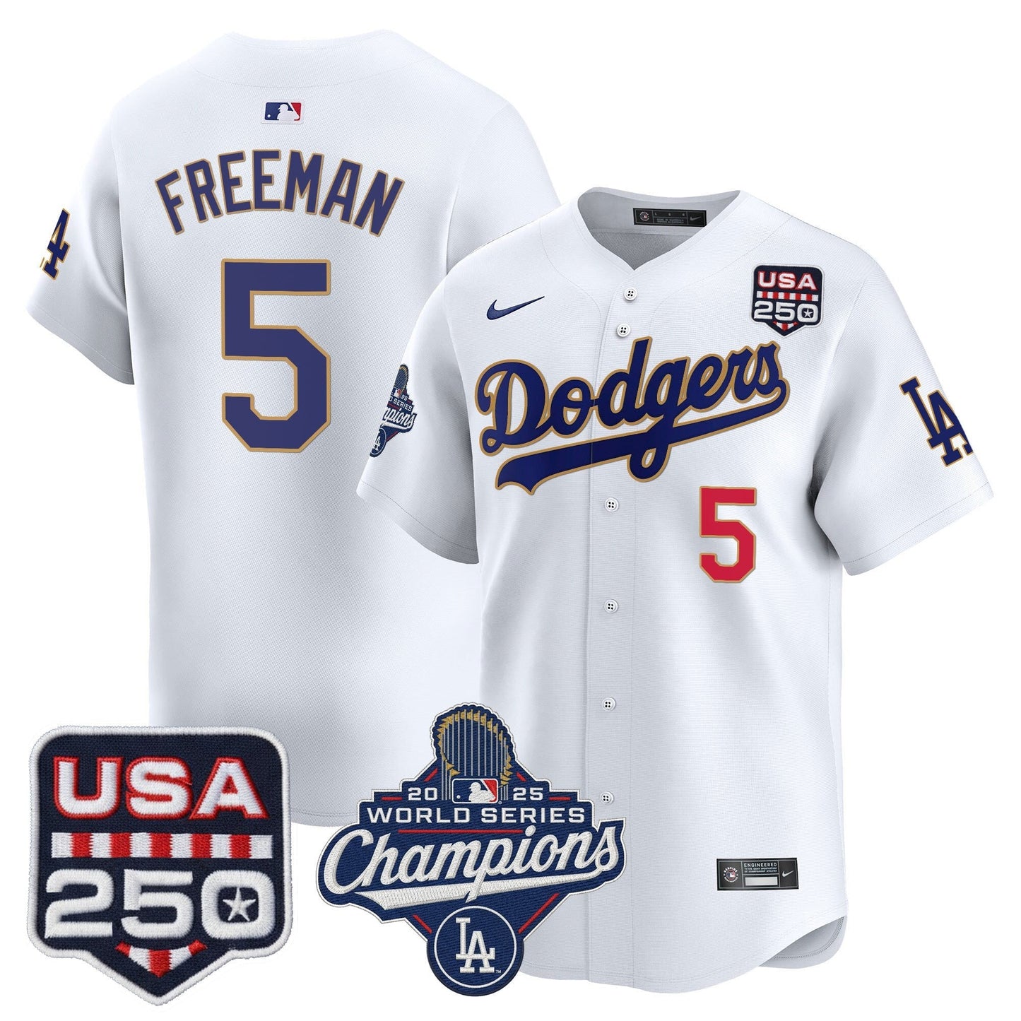 Men's Dodgers 2025 World Series Champions & 250America Patch Vapor Premier Limited Jersey - All Stitched