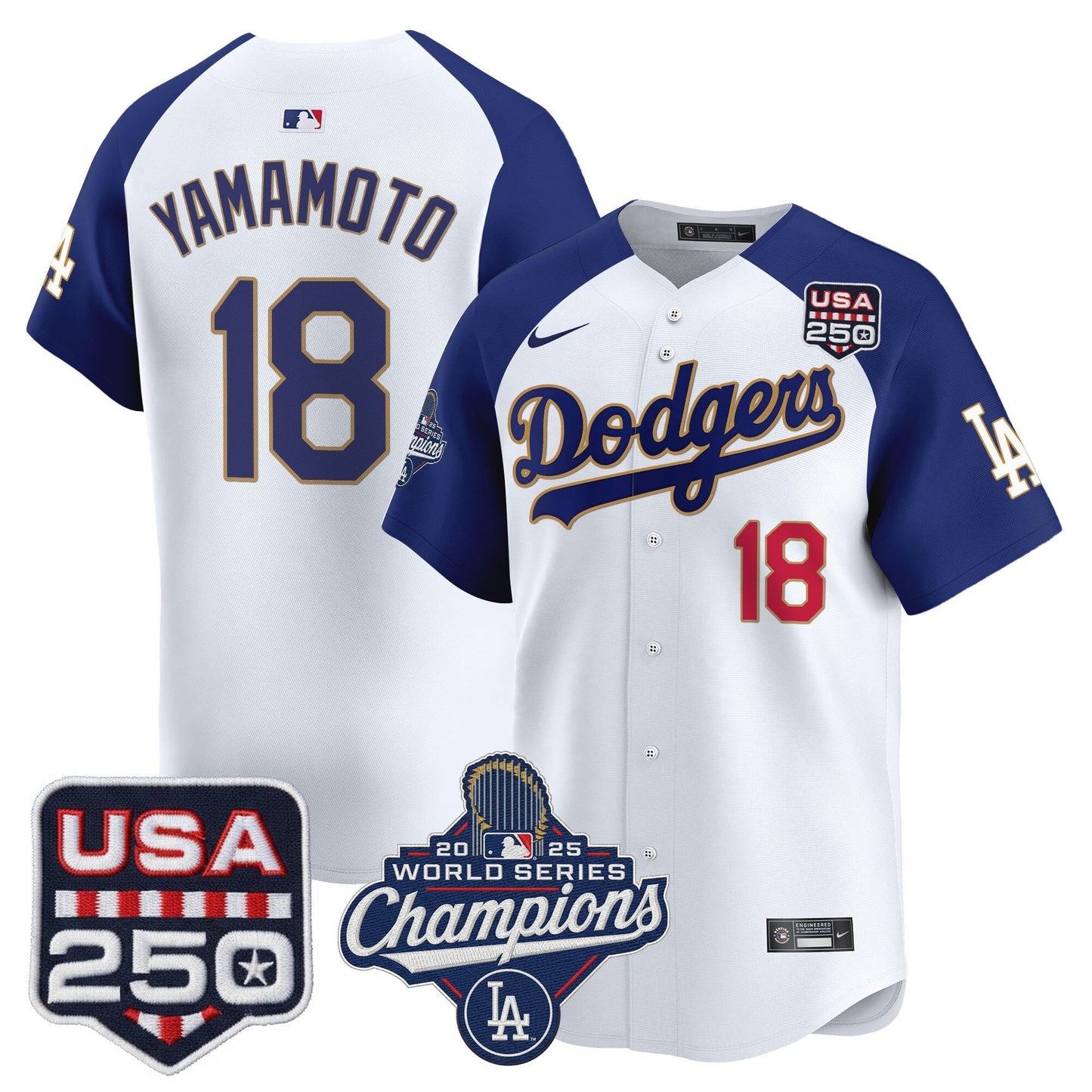 Men's Dodgers 2025 World Series Champions & 250America Patch Vapor Premier Limited Jersey - All Stitched