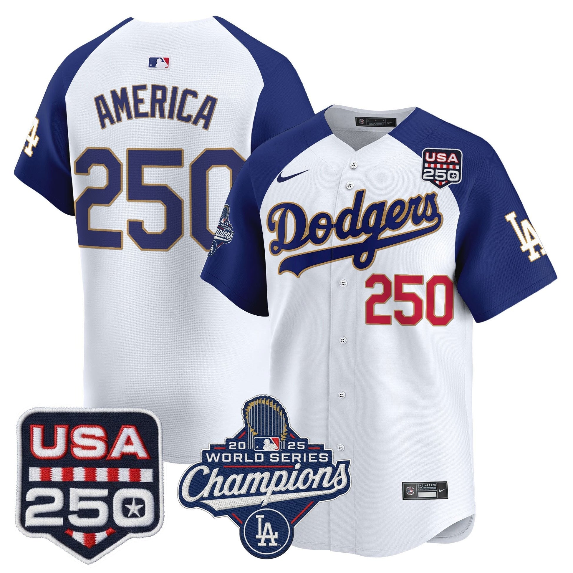Men's Dodgers 2025 World Series Champions & 250America Patch Vapor Premier Limited Jersey - All Stitched