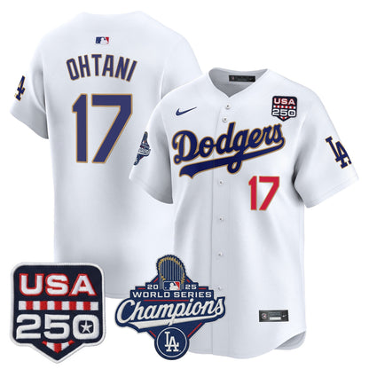 Men's Dodgers 2025 World Series Champions & 250America Patch Vapor Premier Limited Jersey - All Stitched