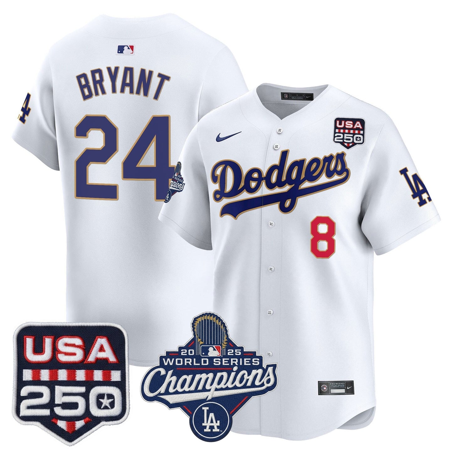 Men's Dodgers 2025 World Series Champions & 250America Patch Vapor Premier Limited Jersey - All Stitched