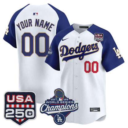 Dodgers 2025 World Series Champions & 250America Patch Vapor Premier Limited Custom Jersey - All Stitched