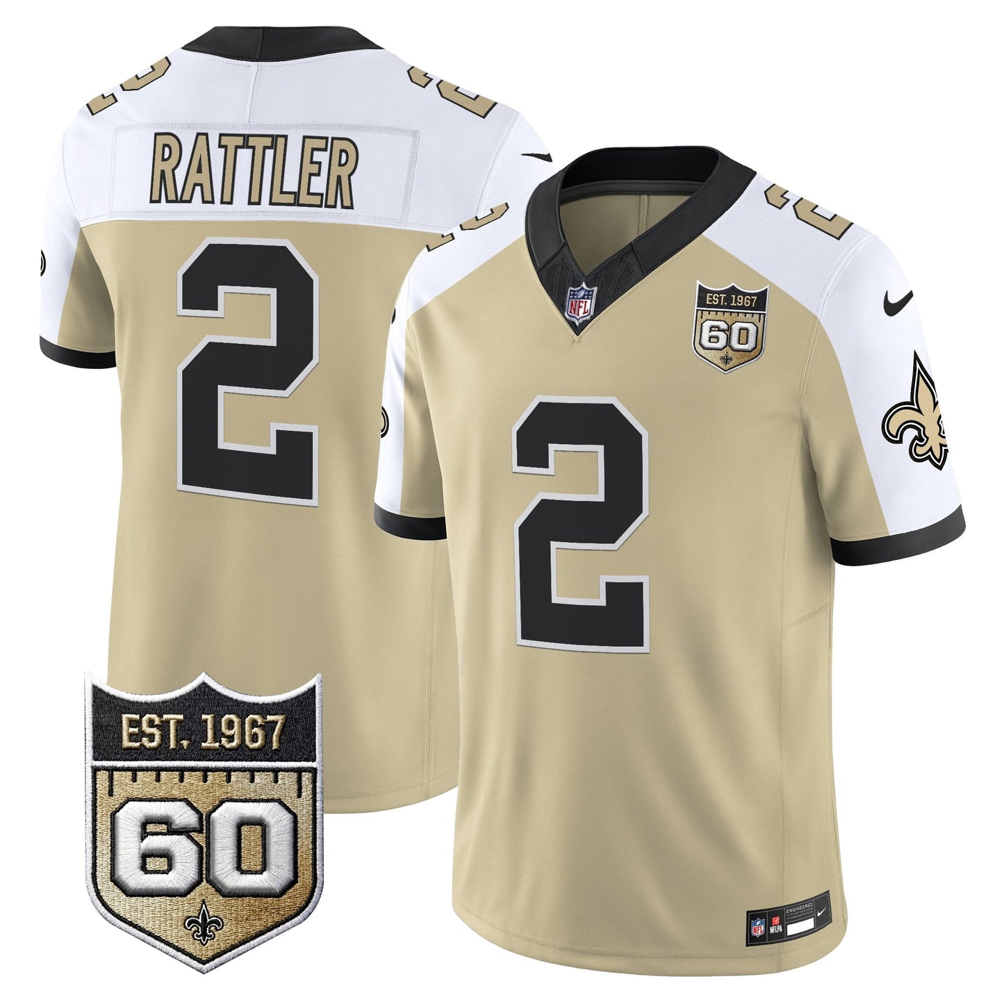 New Orleans Saints 60th Anniversary Patch Vapor Jersey - Gameday Golds Edition - All Stitched
