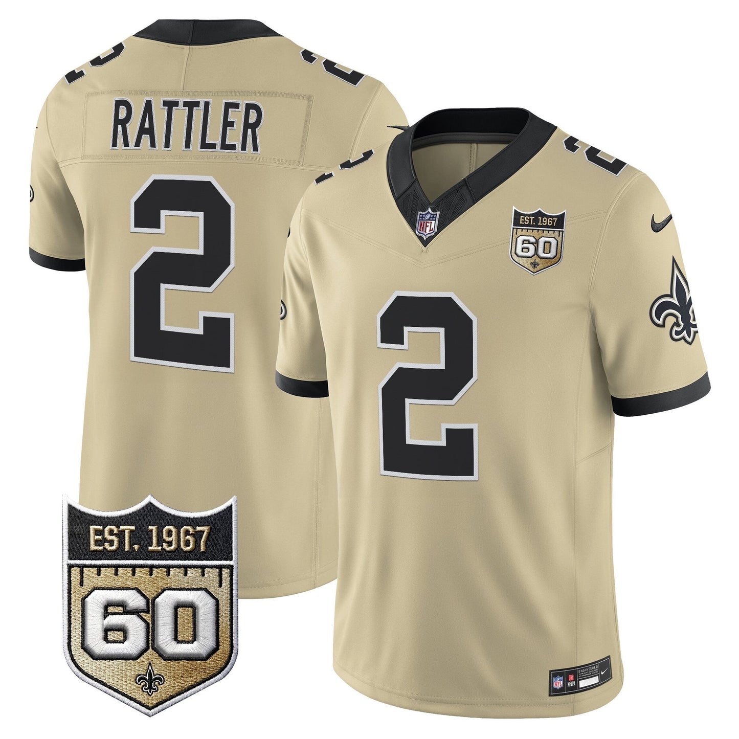 New Orleans Saints 60th Anniversary Patch Vapor Jersey - Gameday Golds Edition - All Stitched