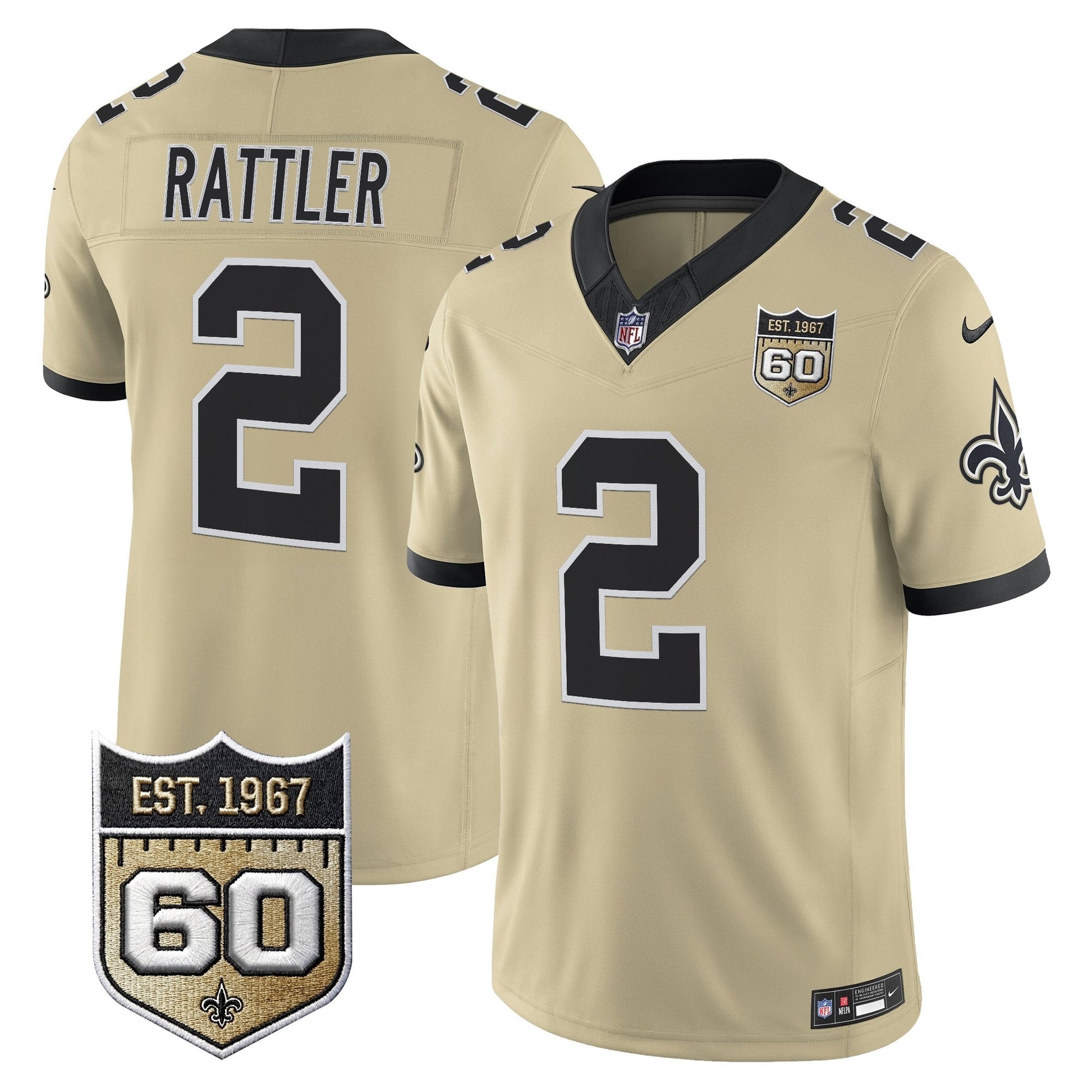 New Orleans Saints 60th Anniversary Patch Vapor Jersey - Gameday Golds Edition - All Stitched