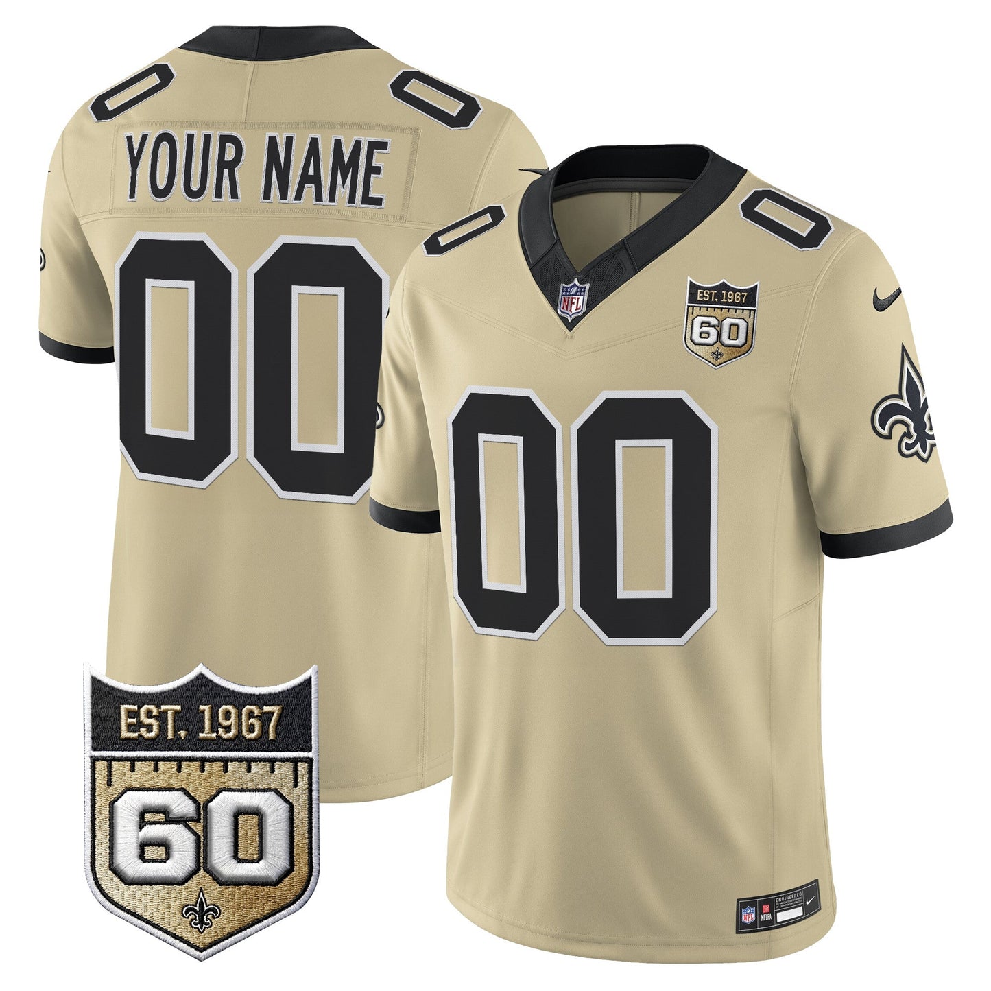 New Orleans Saints 60th Anniversary Patch Vapor Custom Jersey - Gameday Golds Edition - All Stitched