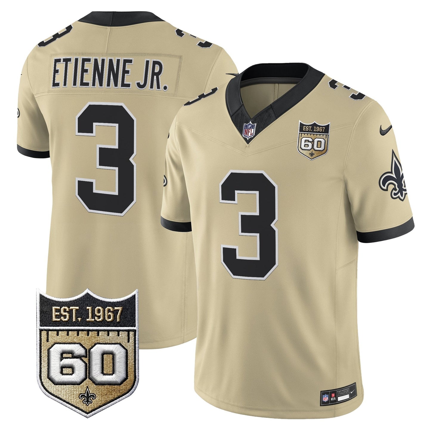 New Orleans Saints 60th Anniversary Patch Vapor Jersey - Gameday Golds Edition - All Stitched