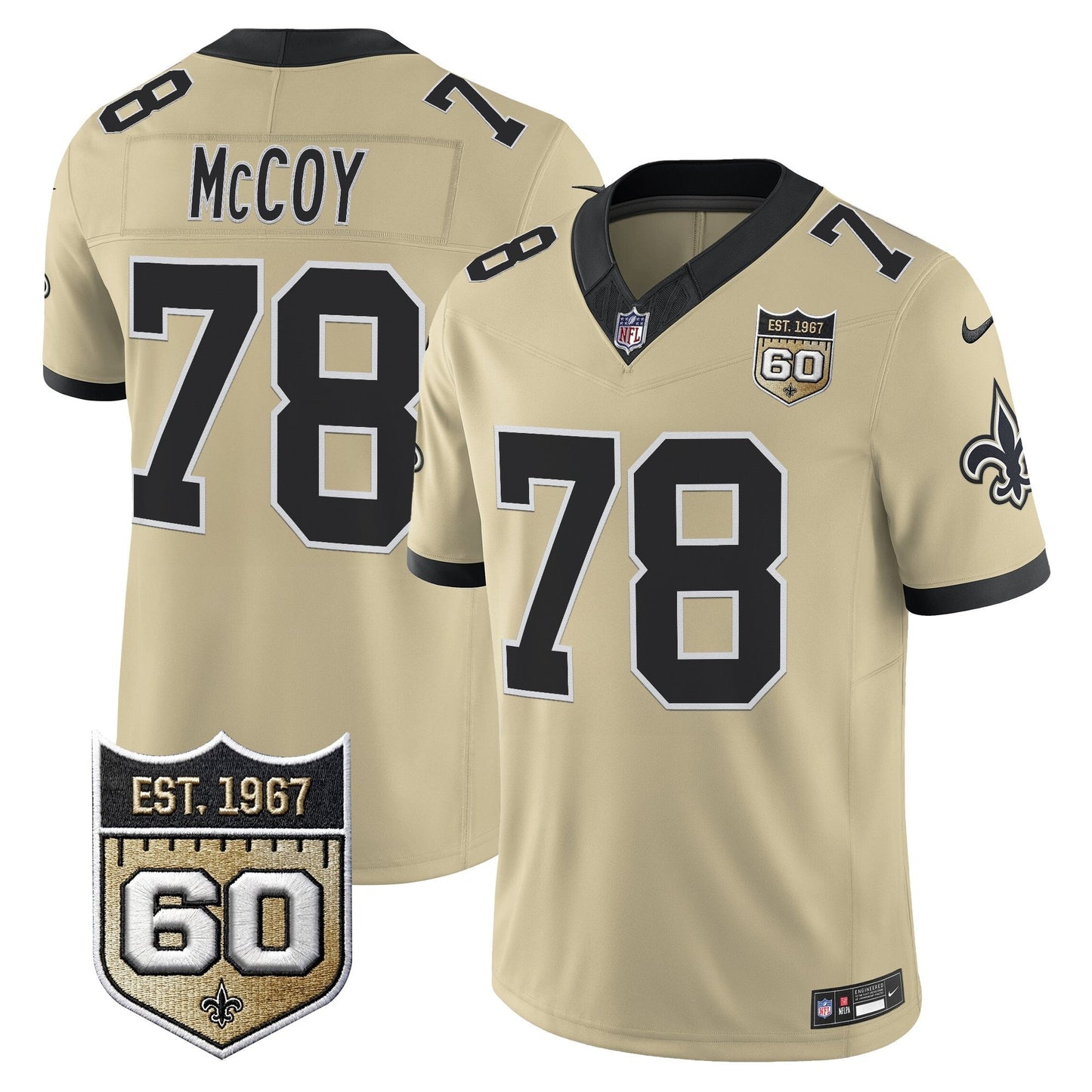 New Orleans Saints 60th Anniversary Patch Vapor Jersey - Gameday Golds Edition - All Stitched