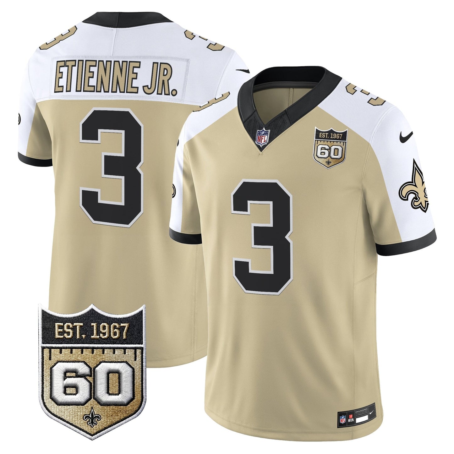 New Orleans Saints 60th Anniversary Patch Vapor Jersey - Gameday Golds Edition - All Stitched