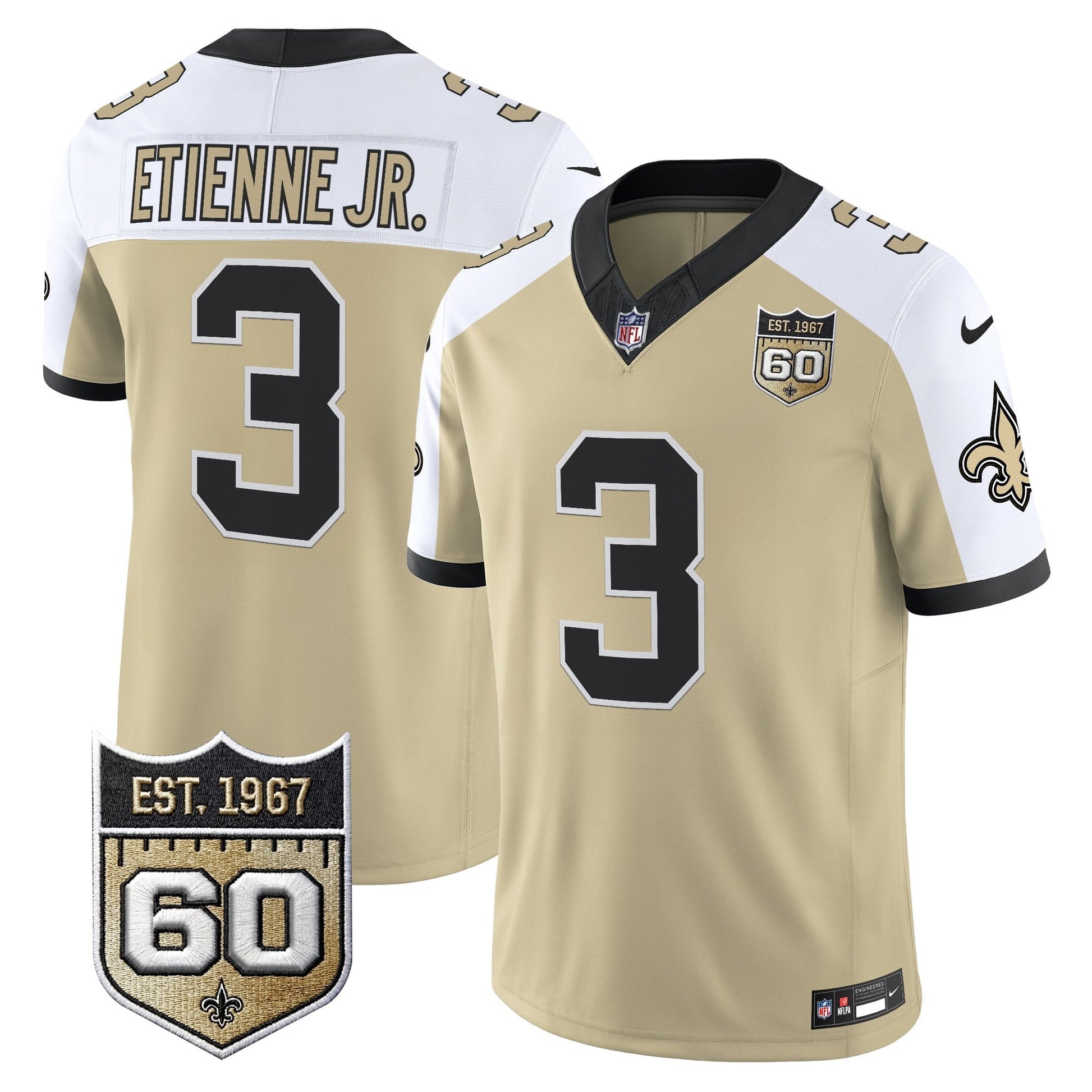 New Orleans Saints 60th Anniversary Patch Vapor Jersey - Gameday Golds Edition - All Stitched