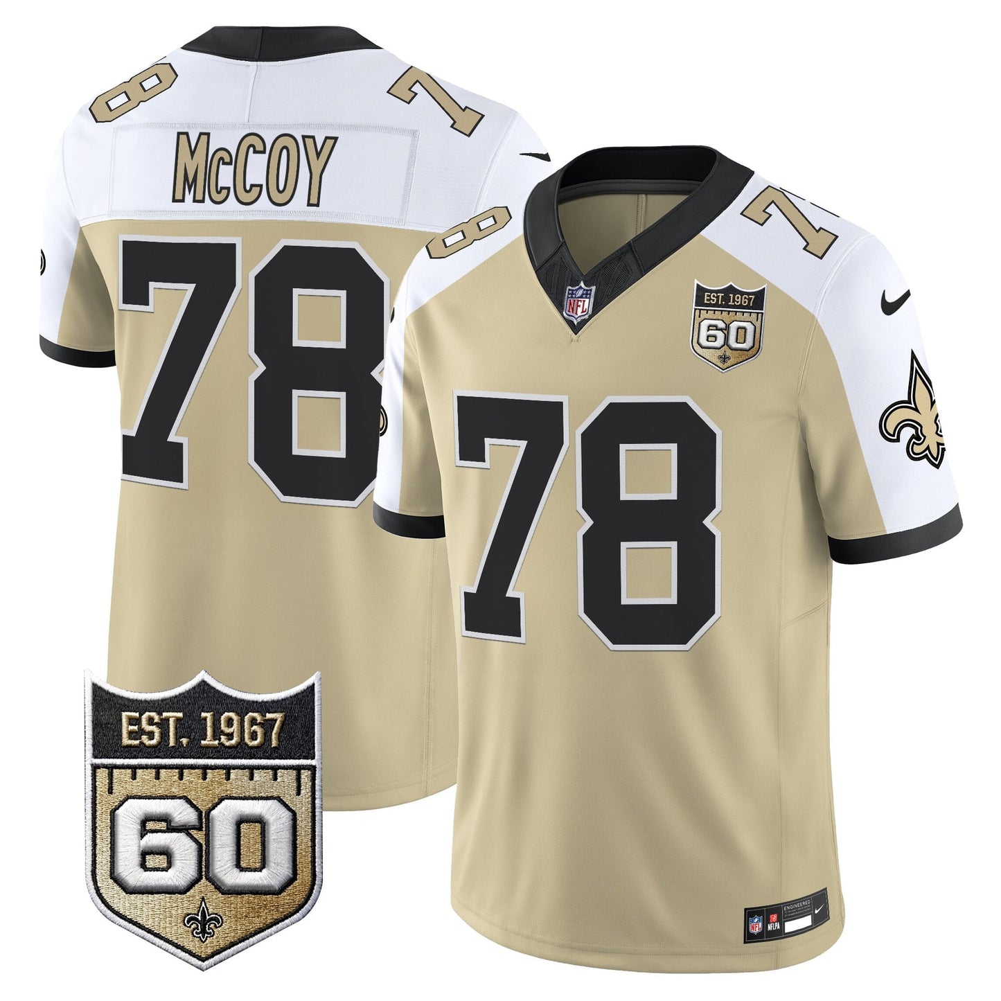 New Orleans Saints 60th Anniversary Patch Vapor Jersey - Gameday Golds Edition - All Stitched