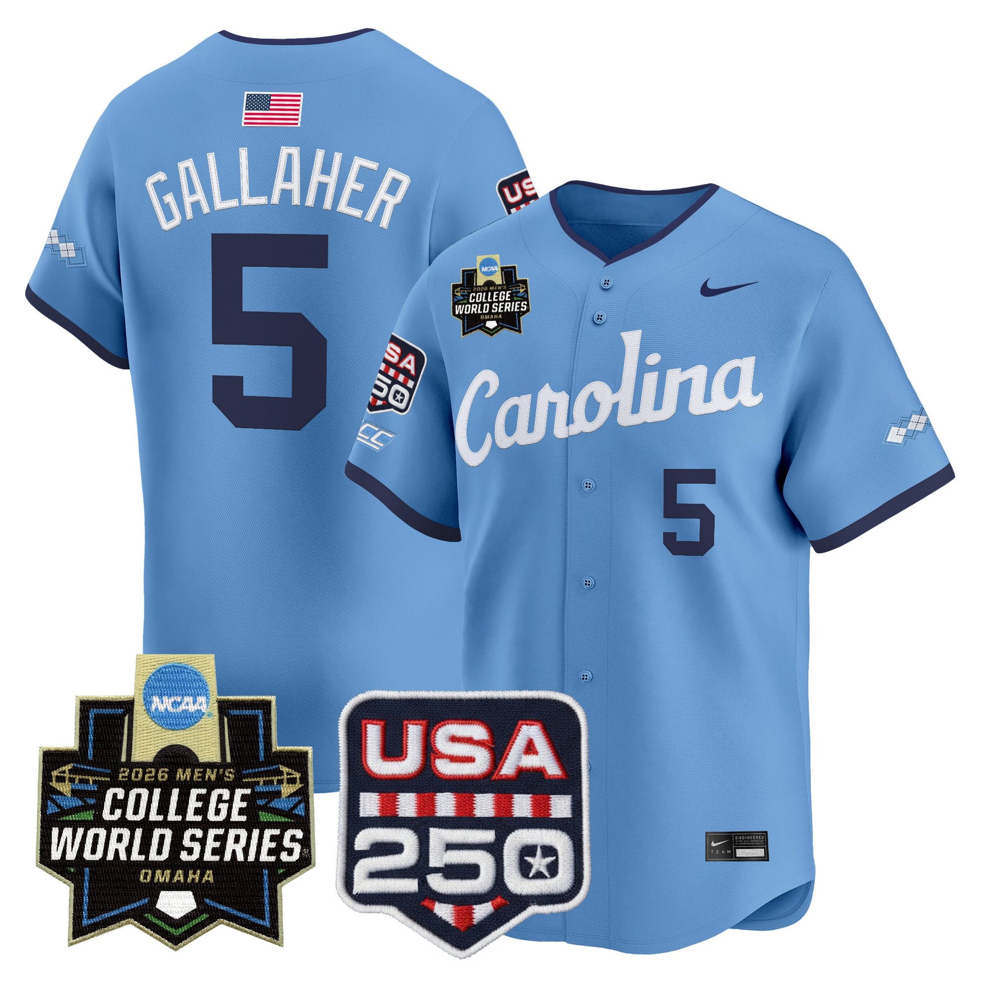 North Carolina Tar Heels 2026 World Series Vapor Premier Limited Jersey - 250 America Patch - All Stitched