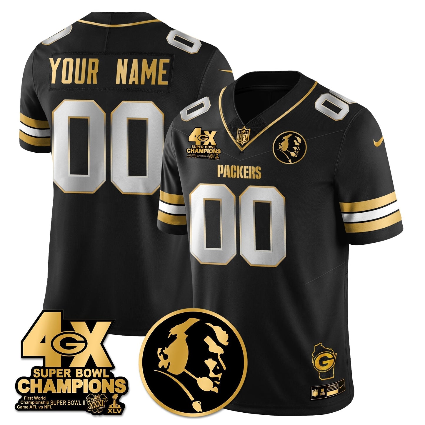 GB 4-Time Champions Vapor Limited Gold Custom Jersey - John Madden Patch - All Stitched