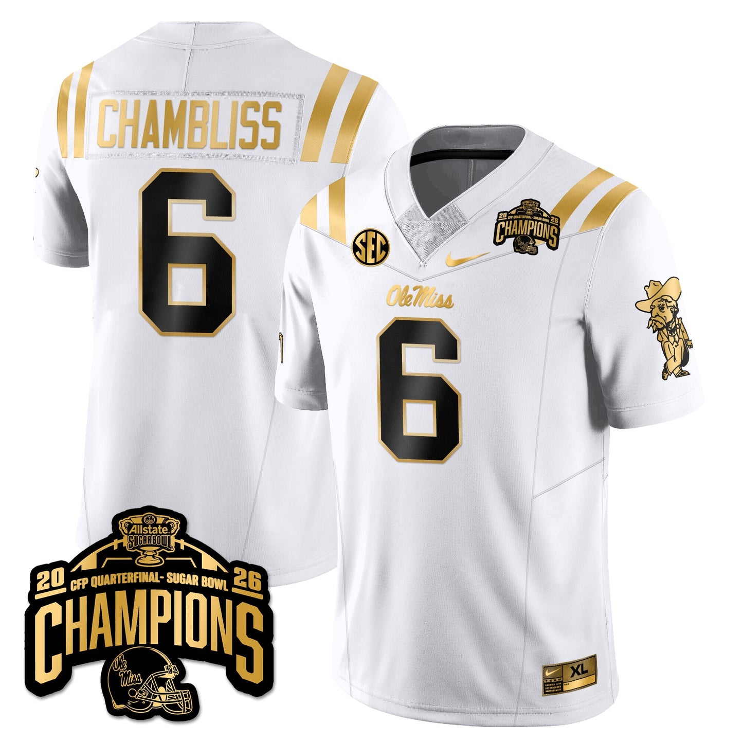 Ole Miss Football Vapor Limited Gold Jersey - Allstate Sugar Bowl Champions - All Stitched