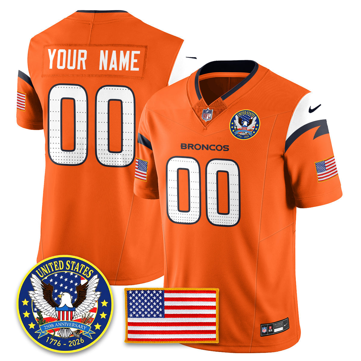 Custom Denver Broncos "United States 250th Anniversary Patch" Vapor Limited Jersey - All Stitched