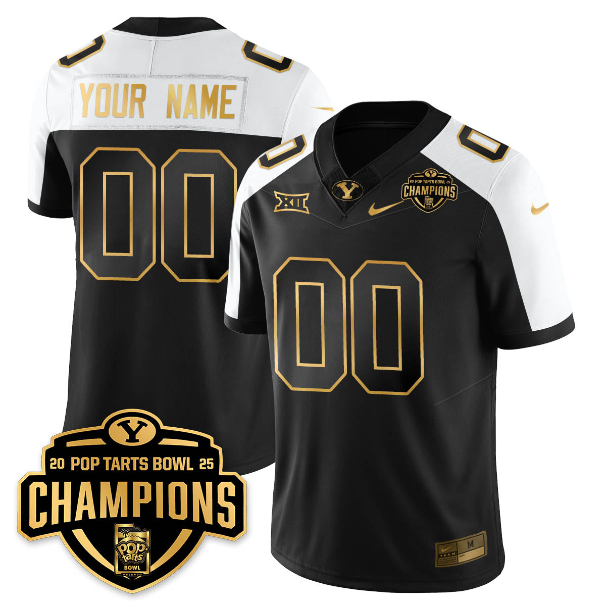 Custom BYU Cougars Football 2025 Pop-Tarts Bowl Champions Gold Jersey - All Stitched