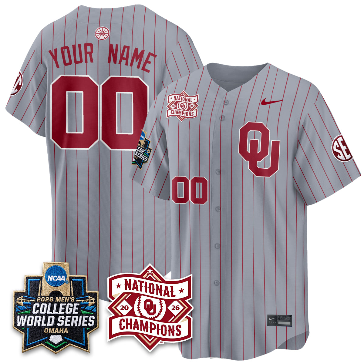 Oklahoma Sooners 2026 NCAA Baseball Men's College World Series Champions Vapor Custom Jersey - Stitched