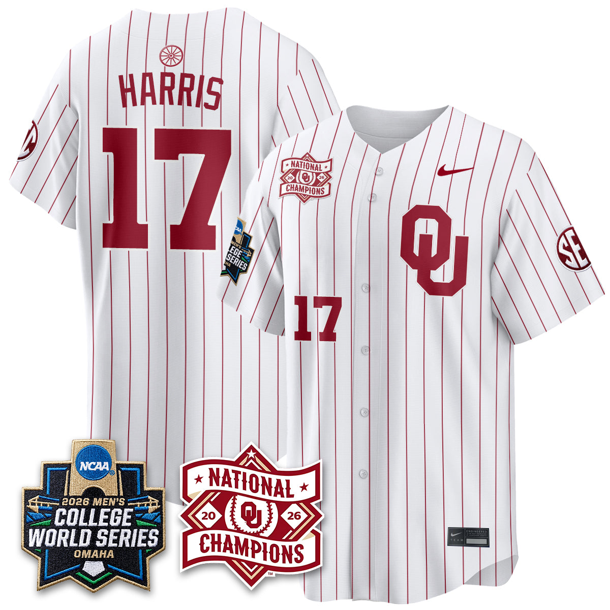Oklahoma Sooners 2026 NCAA Baseball Men's College World Series Champions Vapor Jersey - Stitched
