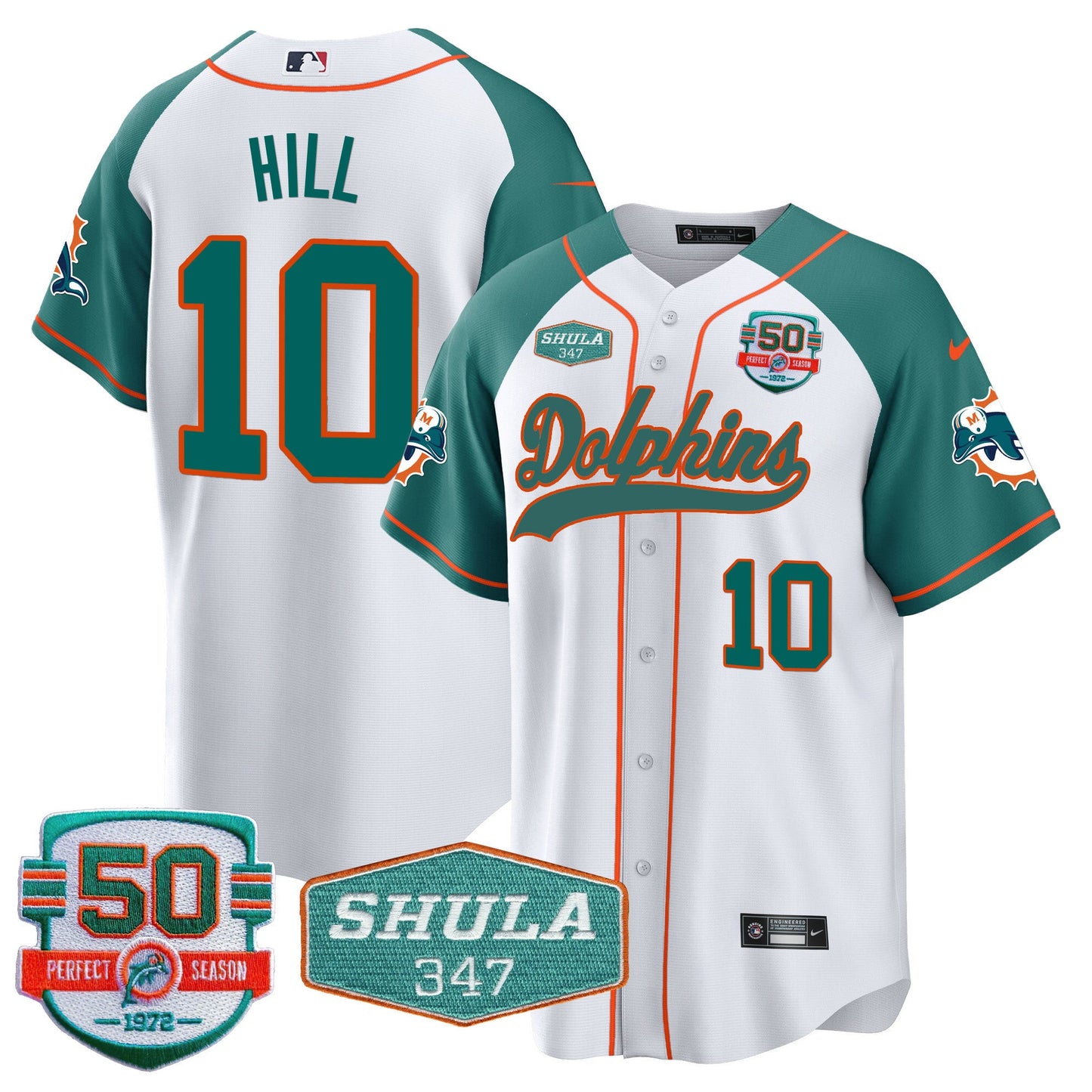 Men's Dolphins 50th & Don Shula 347 Memorial Patch Baseball Jersey - All Stitched