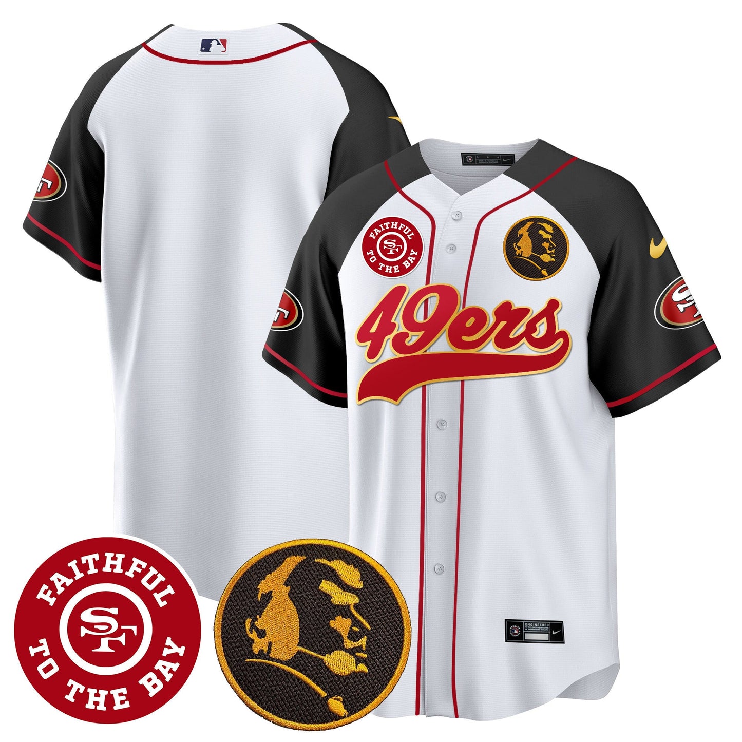 Men's 49ers Faithful & John Madden Patch Baseball Gold Trim Jersey - All Stitched