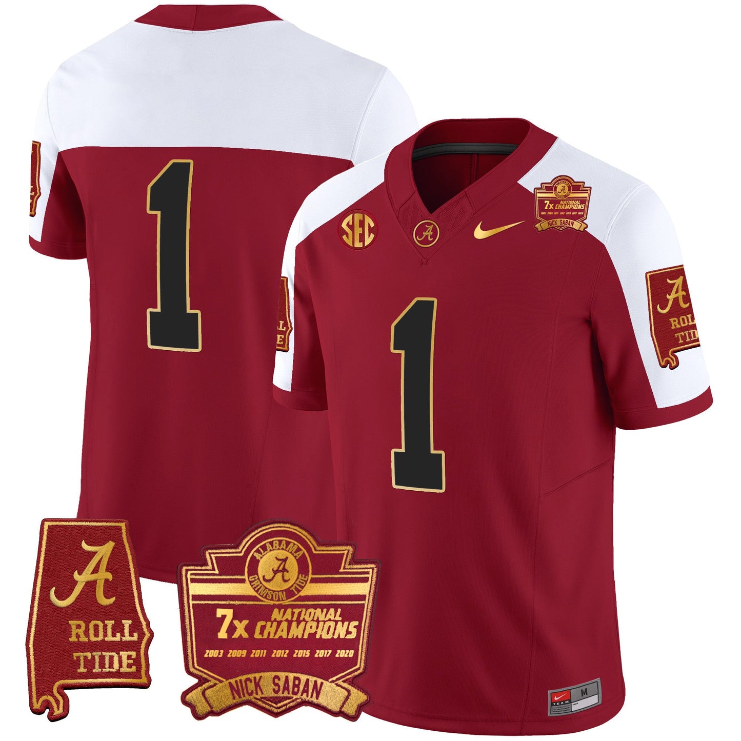Men's Alabama Crimson Tide Nick Saban 7x Champions Patch Gold Trim Jersey - All Stitched