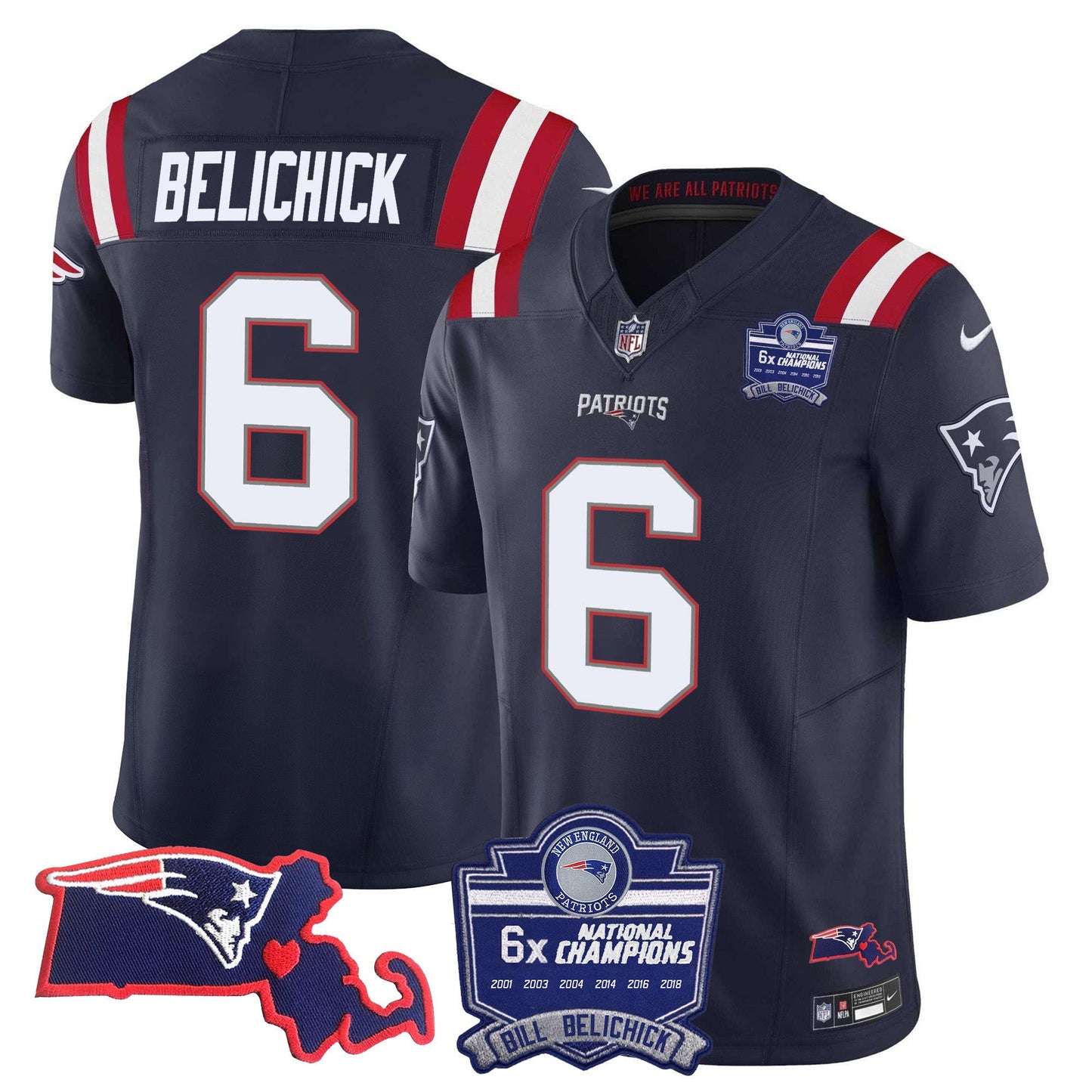 Men's Patriots Bill Belichick 6x Champions Patch Vapor Jersey - All Stitched