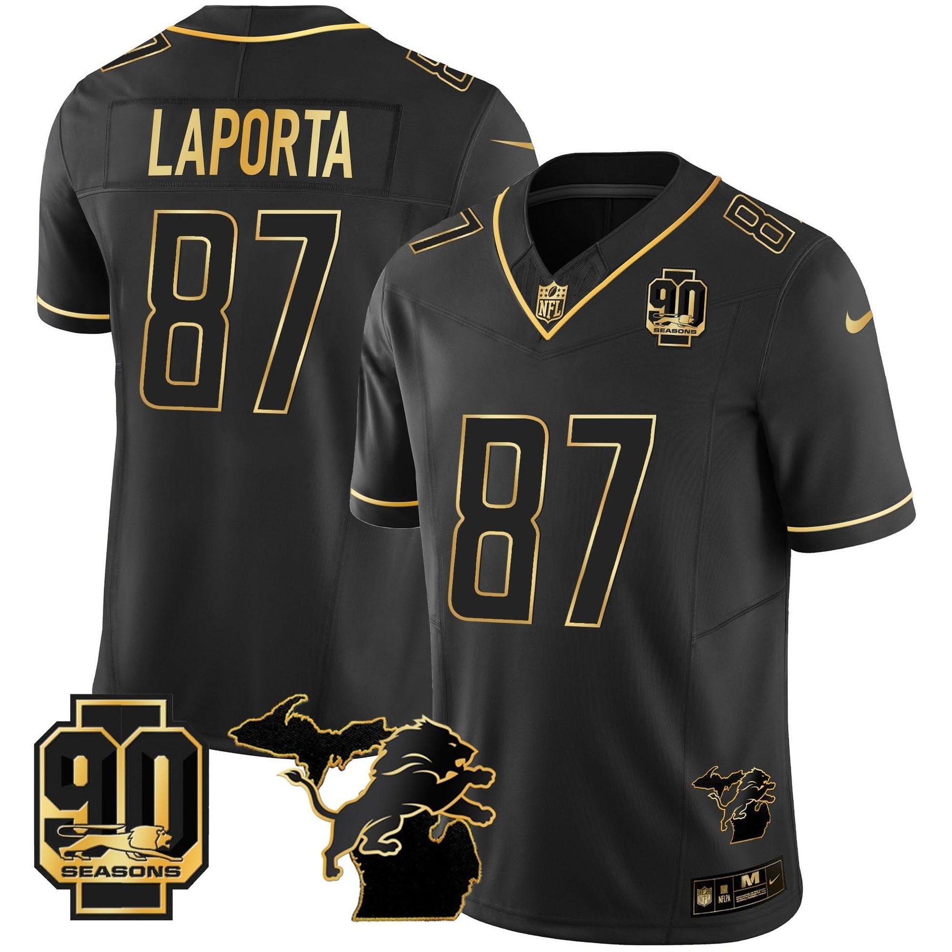 DET 90th Year & Michigan Patch Gold Vapor Jersey - All Stitched