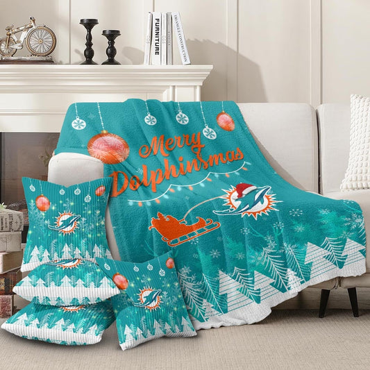 Miami Dolphins | Premium Christmas Fleece Blanket & Throw Pillow Combo MM